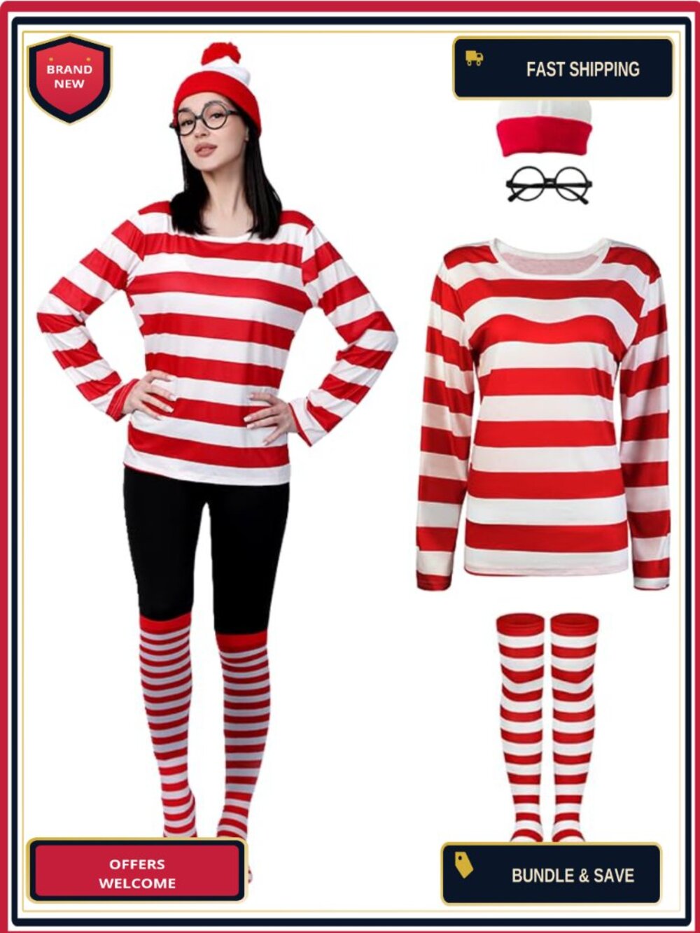 Unisex Adult Halloween Cosplay Costume Set Striped Long Sleeve T-Shirt Hat